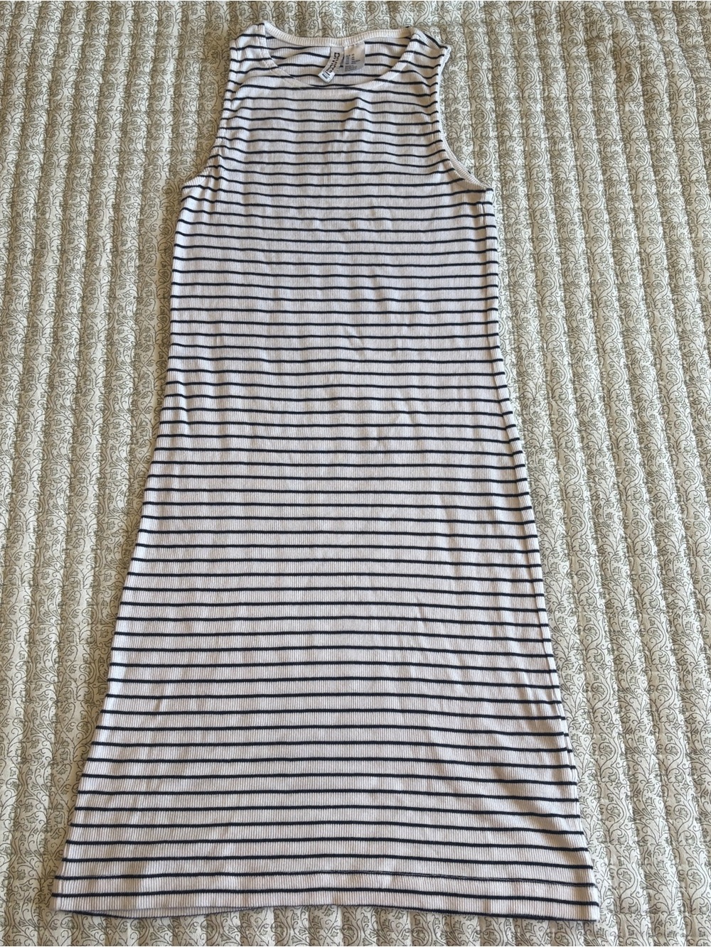 Divided White and Black Striped Sleeveless Midi Dress